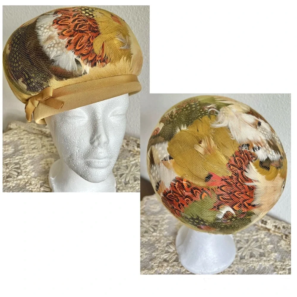 Vintage 50s Feathers Brown Orange Tan Unique Gatsby Flapper Deco Cloche Bird Hat
